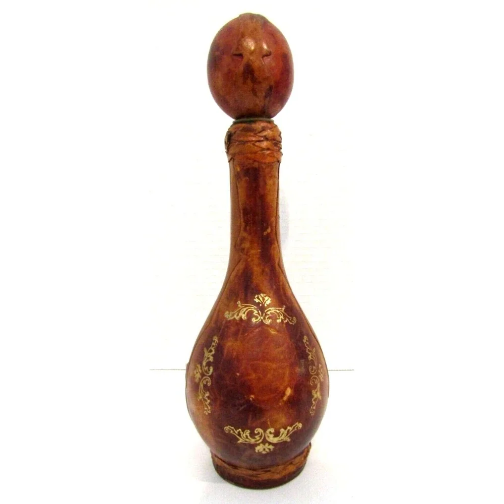 Wine Decanter Vintage Italian Brown Leather Bottle Stopper Orig Tag Italy Vino